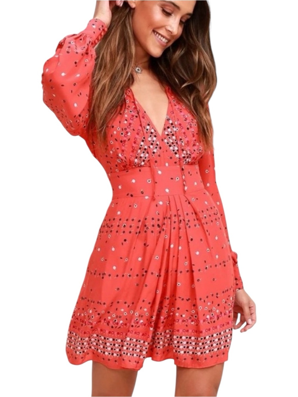 FREE PEOPLE Coryn Cutout Back Mini Dress Coral Pleated Long Sleeve Size 4 Boho